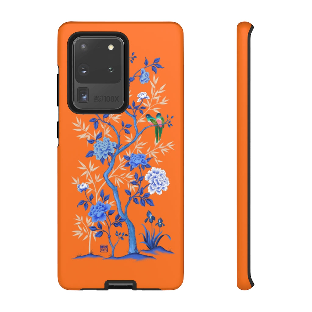 Chinoiserie Floral iPhone Case and Chinoiserie Floral Samsung Phone Cover featuring watercolour Chinoiserie peony roses. Chinese art phone with decorative birds and butterflies. Impact resistant tough chinoiserie mobile phone case. Supports wireless charging. Designer mobile phone case made in the USA.