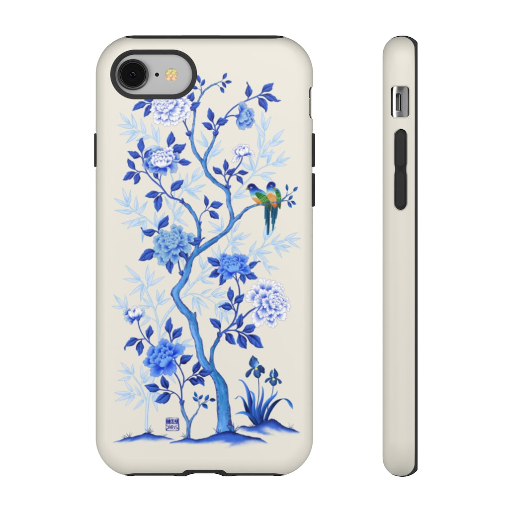 Chinoiserie Floral iPhone Case and Chinoiserie Floral Samsung Phone Cover featuring watercolour Chinoiserie peony roses. Chinese art phone with decorative birds and butterflies. Impact resistant tough chinoiserie mobile phone case. Supports wireless charging. Designer mobile phone case made in the USA.