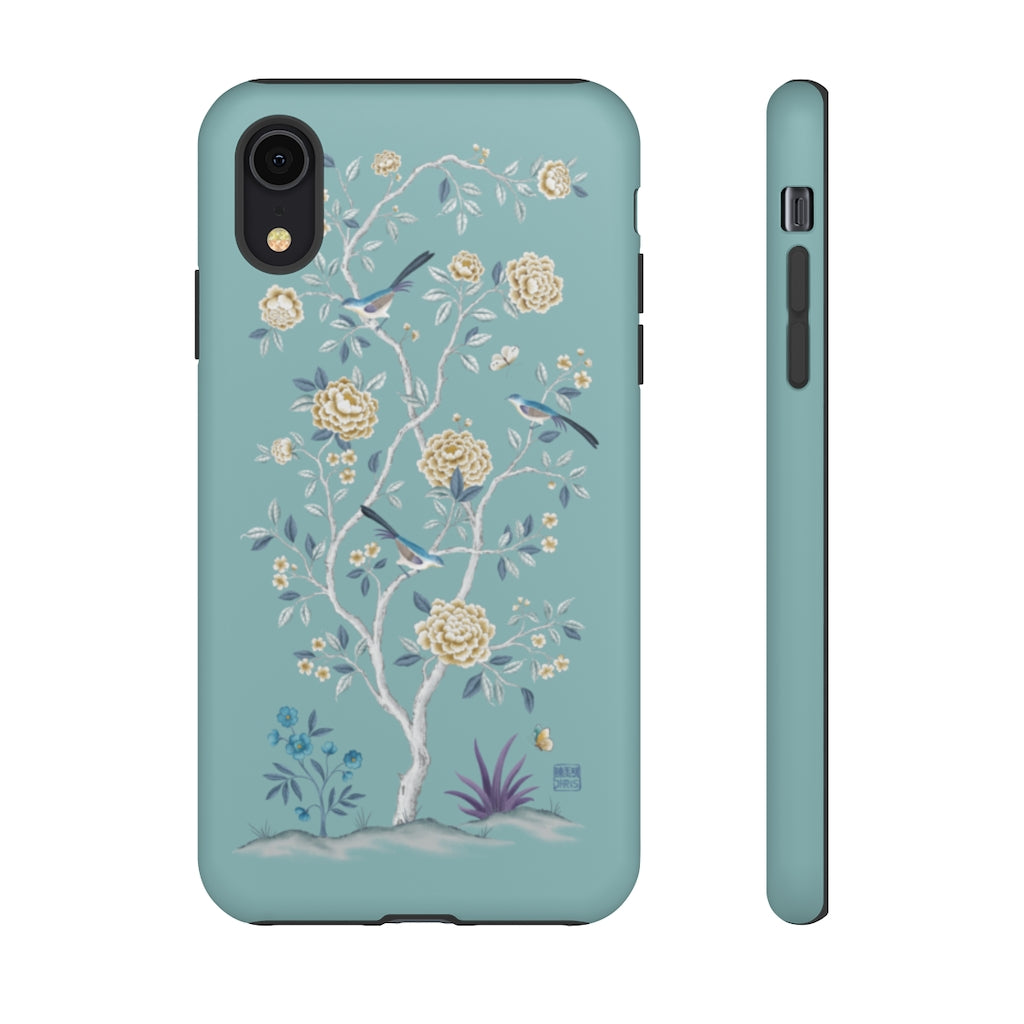 Chinoiserie Floral iPhone Case and Chinoiserie Floral Samsung Phone Cover featuring watercolour Chinoiserie peony roses. Chinese art phone with decorative birds and butterflies. Impact resistant tough chinoiserie mobile phone case. Supports wireless charging. Designer mobile phone case made in the USA.