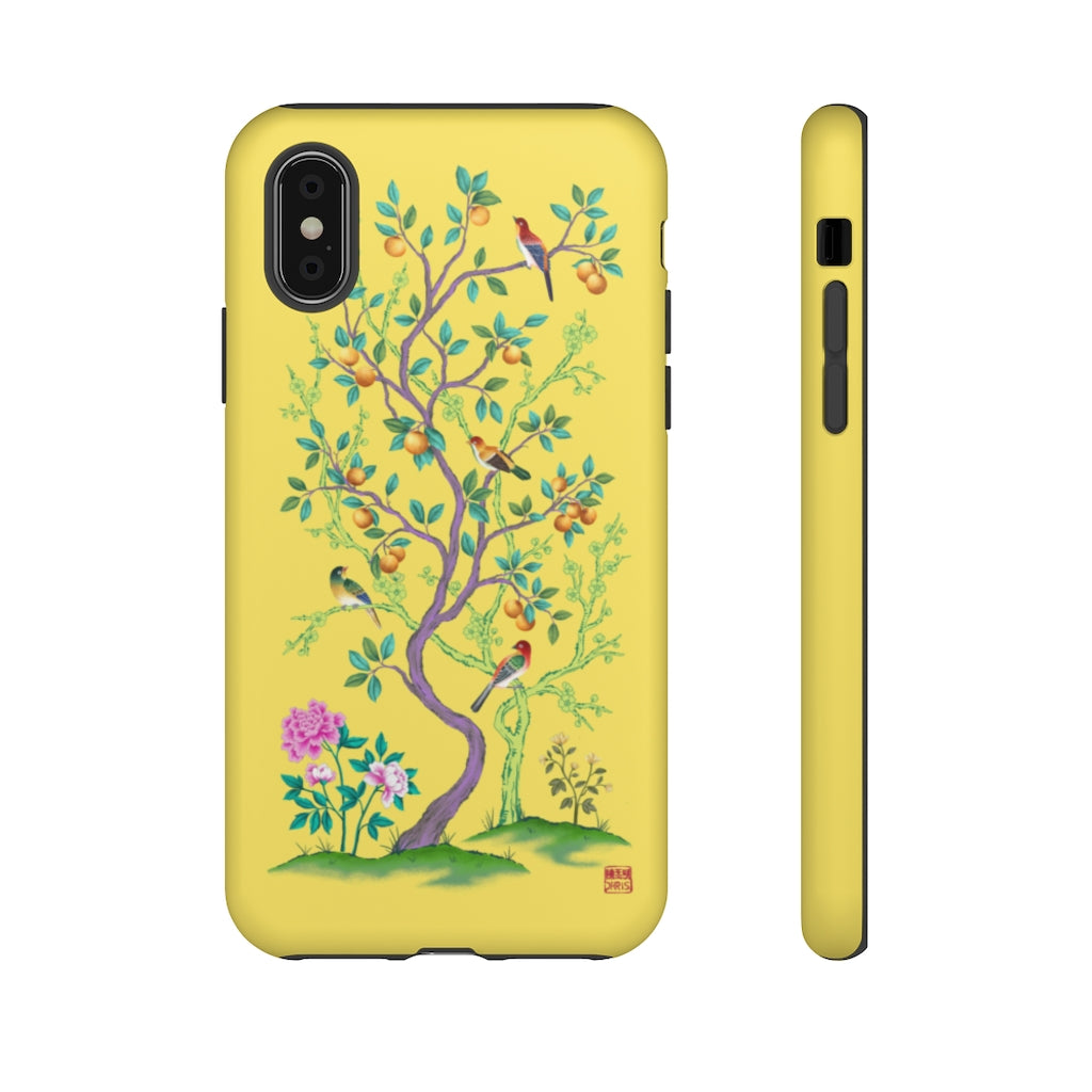 Chinoiserie Floral iPhone Case and Chinoiserie Floral Samsung Phone Cover featuring watercolour Chinoiserie peony roses. Chinese art phone with decorative birds and butterflies. Impact resistant tough chinoiserie mobile phone case. Supports wireless charging. Designer mobile phone case made in the USA.