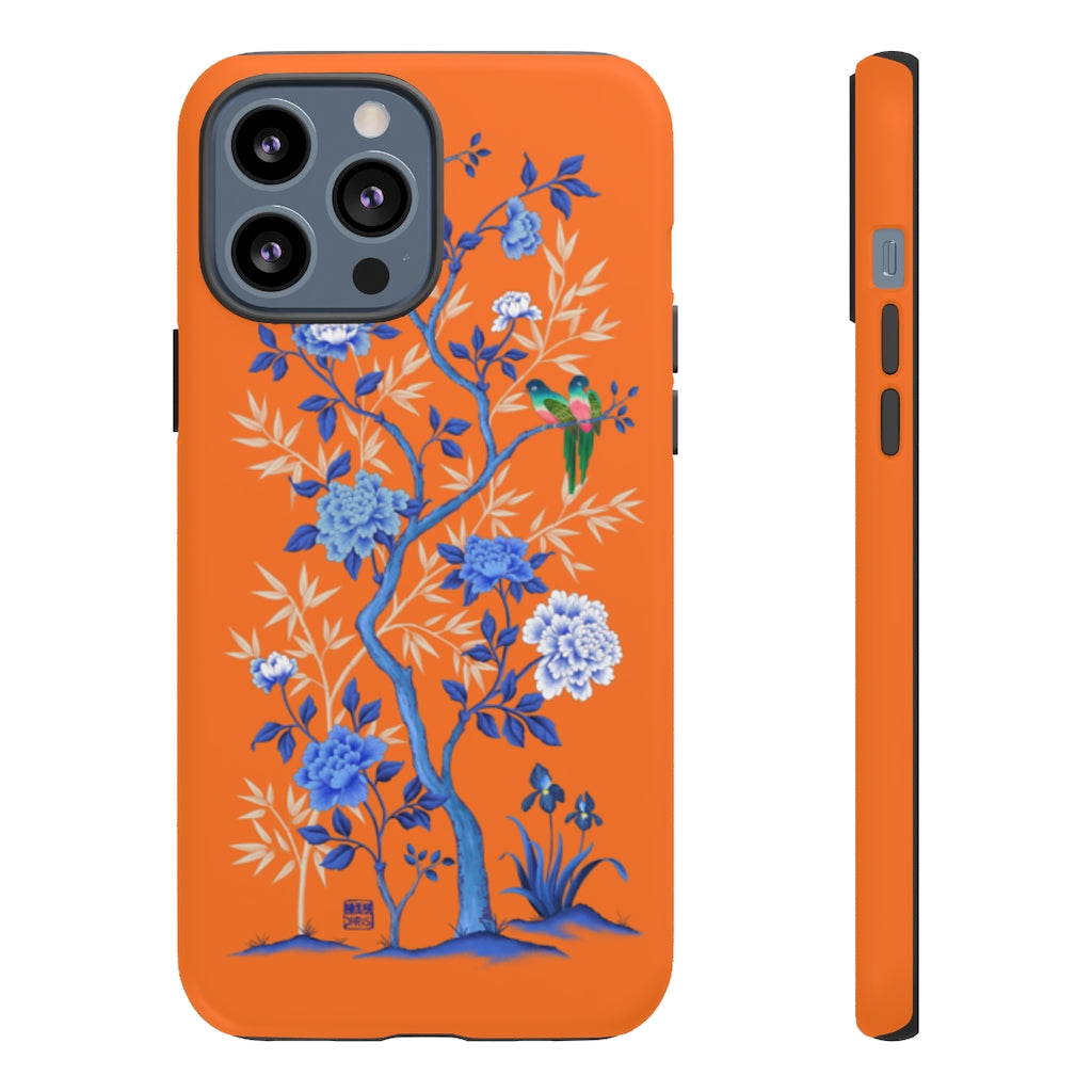 Chinoiserie Floral iPhone Case and Chinoiserie Floral Samsung Phone Cover featuring watercolour Chinoiserie peony roses. Chinese art phone with decorative birds and butterflies. Impact resistant tough chinoiserie mobile phone case. Supports wireless charging. Designer mobile phone case made in the USA.