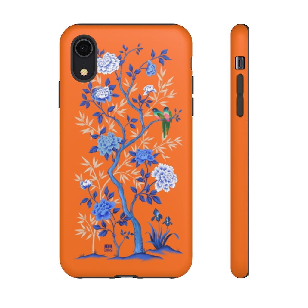 Chinoiserie Floral iPhone Case and Chinoiserie Floral Samsung Phone Cover featuring watercolour Chinoiserie peony roses. Chinese art phone with decorative birds and butterflies. Impact resistant tough chinoiserie mobile phone case. Supports wireless charging. Designer mobile phone case made in the USA.