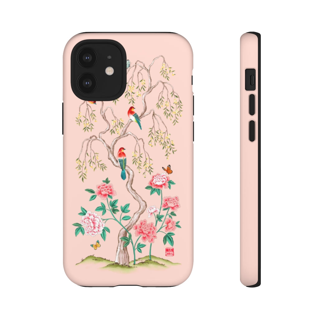 Chinoiserie Floral iPhone Case and Chinoiserie Floral Samsung Phone Cover featuring watercolour Chinoiserie peony roses. Chinese art phone with decorative birds and butterflies. Impact resistant tough chinoiserie mobile phone case. Supports wireless charging. Designer mobile phone case made in the USA.