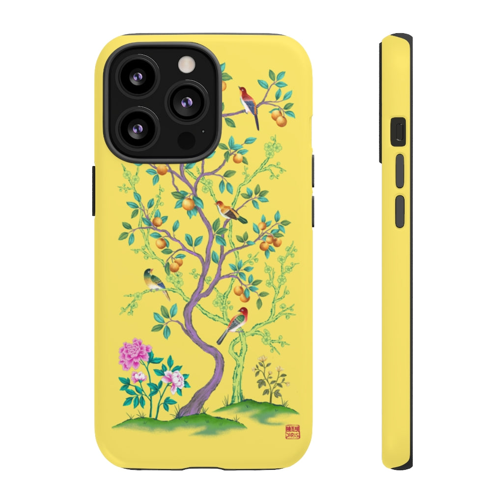 Chinoiserie Floral iPhone Case and Chinoiserie Floral Samsung Phone Cover featuring watercolour Chinoiserie peony roses. Chinese art phone with decorative birds and butterflies. Impact resistant tough chinoiserie mobile phone case. Supports wireless charging. Designer mobile phone case made in the USA.