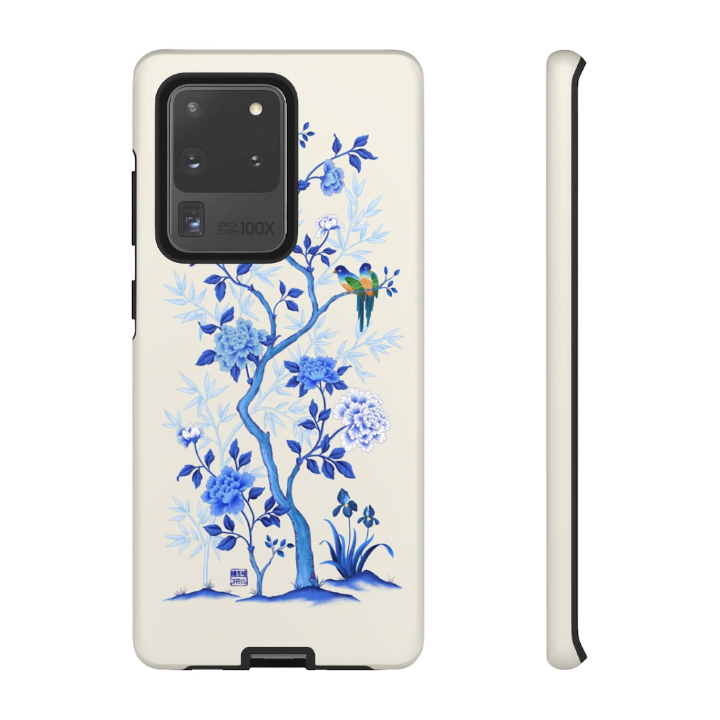 Chinoiserie Floral iPhone Case and Chinoiserie Floral Samsung Phone Cover featuring watercolour Chinoiserie peony roses. Chinese art phone with decorative birds and butterflies. Impact resistant tough chinoiserie mobile phone case. Supports wireless charging. Designer mobile phone case made in the USA.