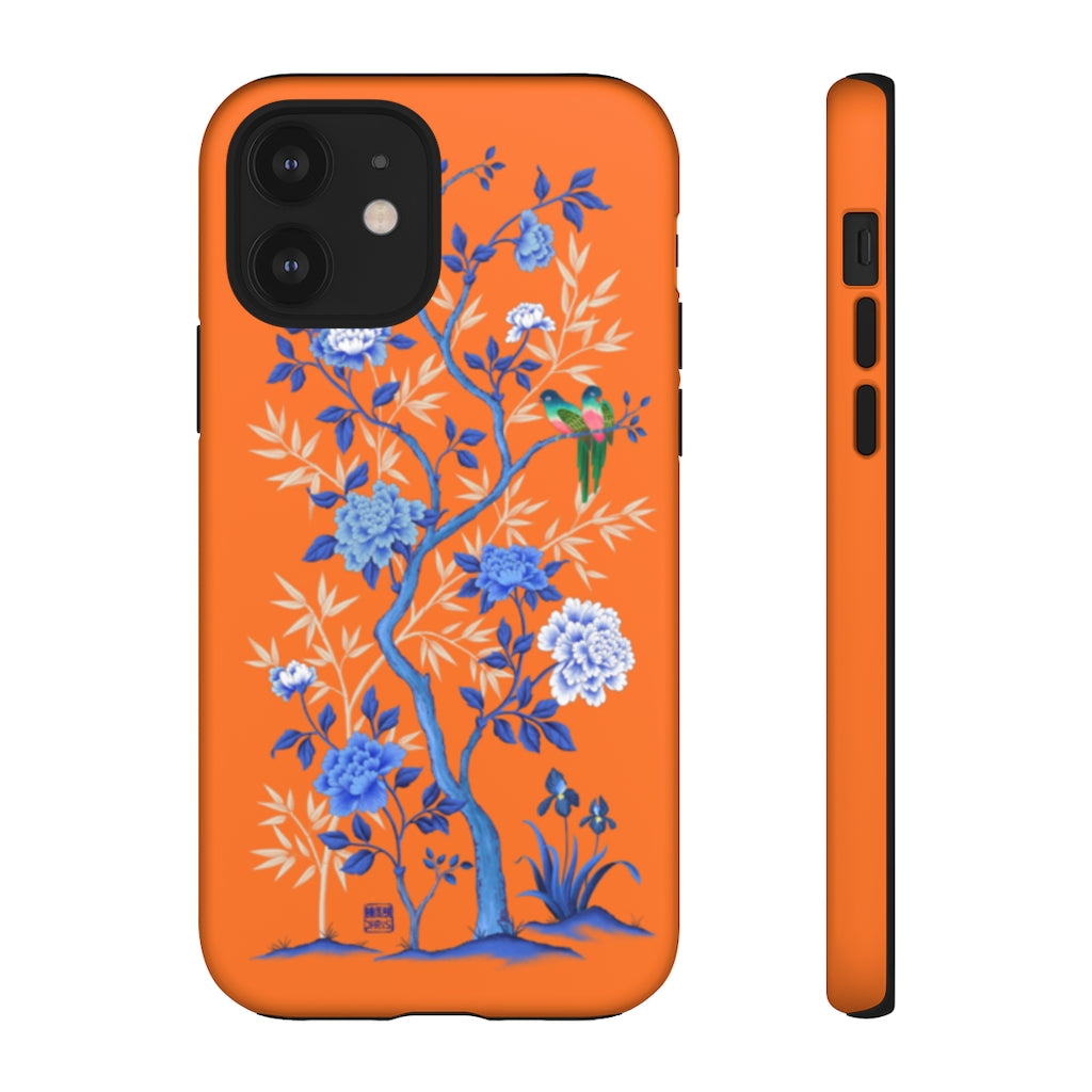 Chinoiserie Floral iPhone Case and Chinoiserie Floral Samsung Phone Cover featuring watercolour Chinoiserie peony roses. Chinese art phone with decorative birds and butterflies. Impact resistant tough chinoiserie mobile phone case. Supports wireless charging. Designer mobile phone case made in the USA.