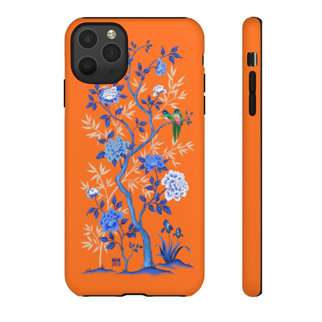 Chinoiserie Floral iPhone Case and Chinoiserie Floral Samsung Phone Cover featuring watercolour Chinoiserie peony roses. Chinese art phone with decorative birds and butterflies. Impact resistant tough chinoiserie mobile phone case. Supports wireless charging. Designer mobile phone case made in the USA.