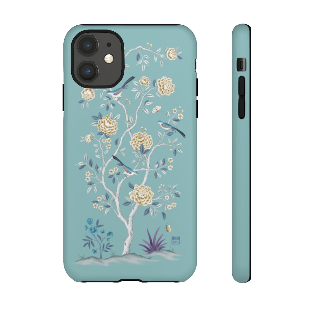 Chinoiserie Floral iPhone Case and Chinoiserie Floral Samsung Phone Cover featuring watercolour Chinoiserie peony roses. Chinese art phone with decorative birds and butterflies. Impact resistant tough chinoiserie mobile phone case. Supports wireless charging. Designer mobile phone case made in the USA.