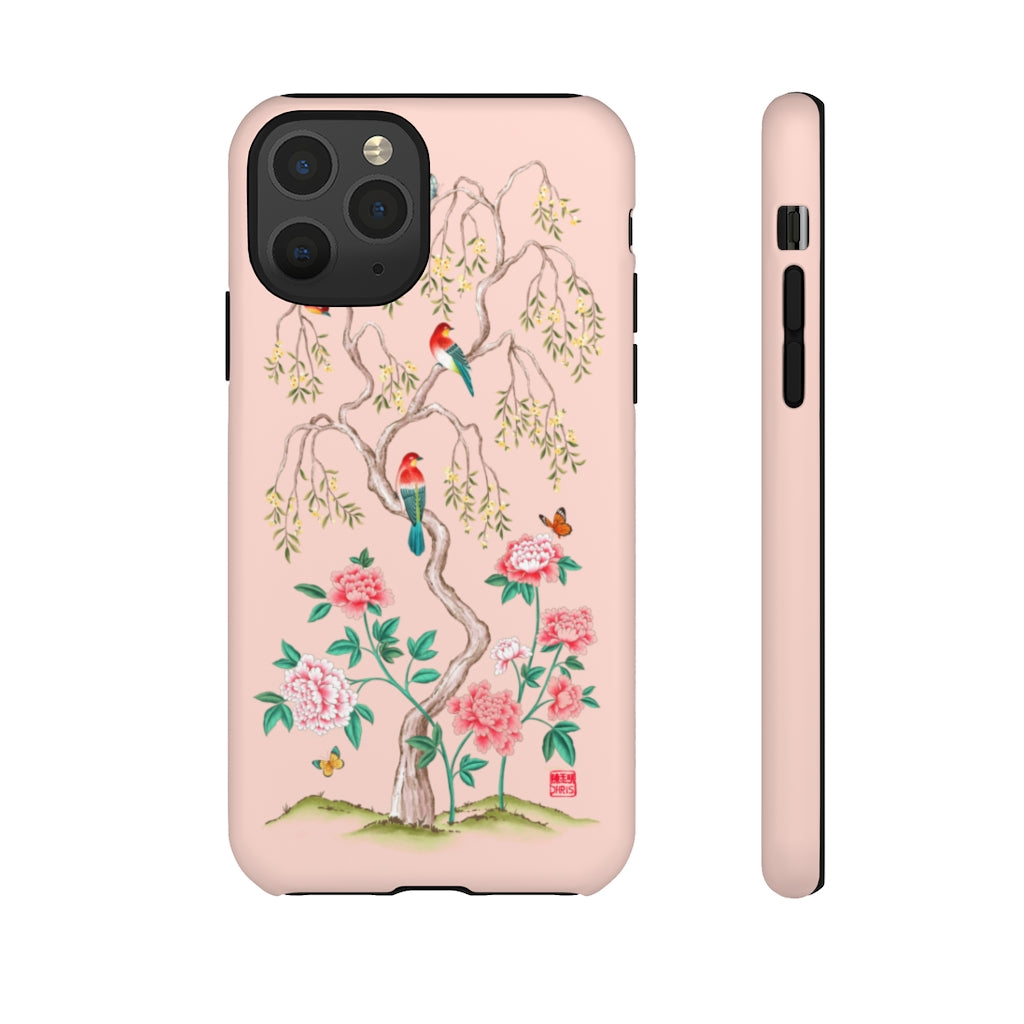 Chinoiserie Floral iPhone Case and Chinoiserie Floral Samsung Phone Cover featuring watercolour Chinoiserie peony roses. Chinese art phone with decorative birds and butterflies. Impact resistant tough chinoiserie mobile phone case. Supports wireless charging. Designer mobile phone case made in the USA.