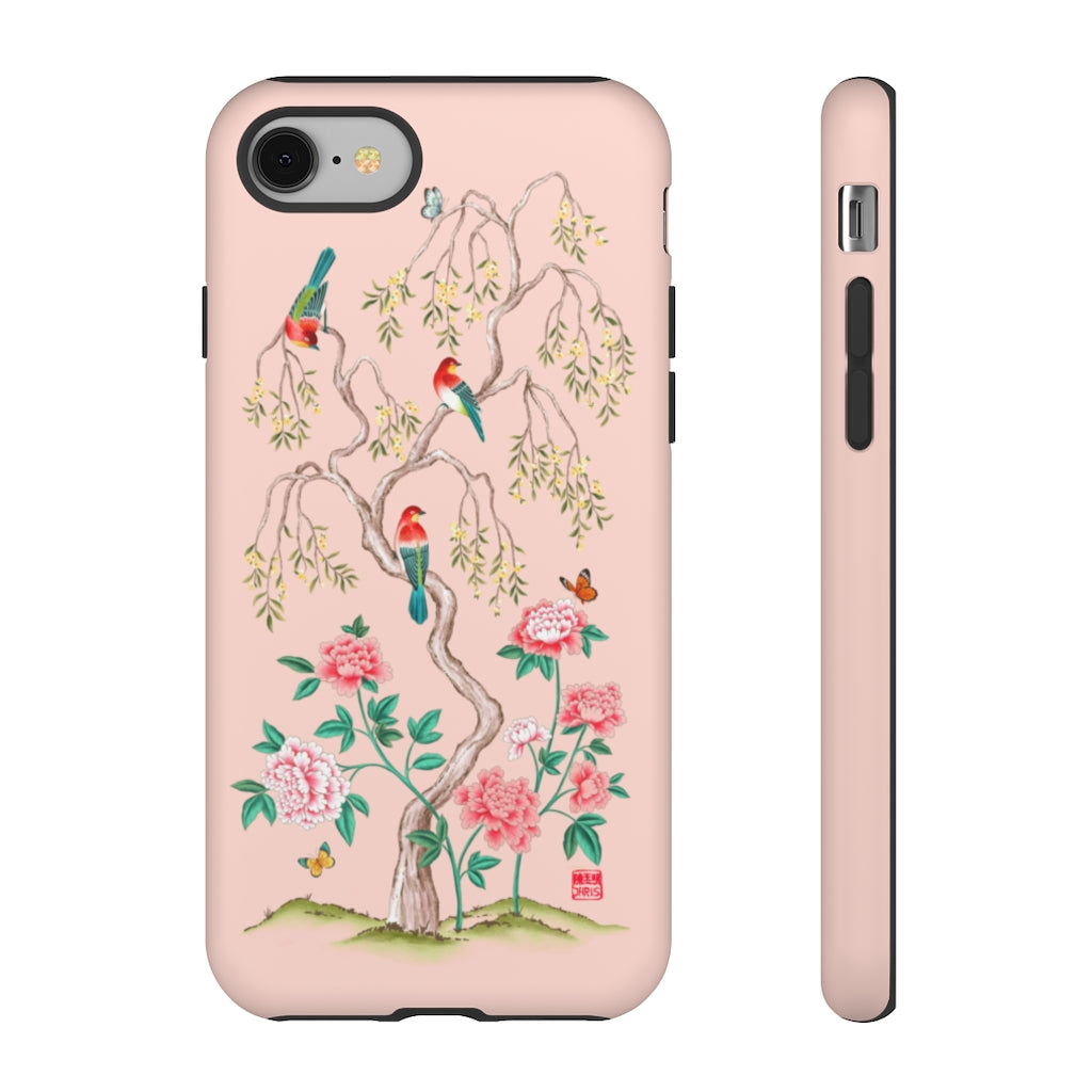 Chinoiserie Floral iPhone Case and Chinoiserie Floral Samsung Phone Cover featuring watercolour Chinoiserie peony roses. Chinese art phone with decorative birds and butterflies. Impact resistant tough chinoiserie mobile phone case. Supports wireless charging. Designer mobile phone case made in the USA.