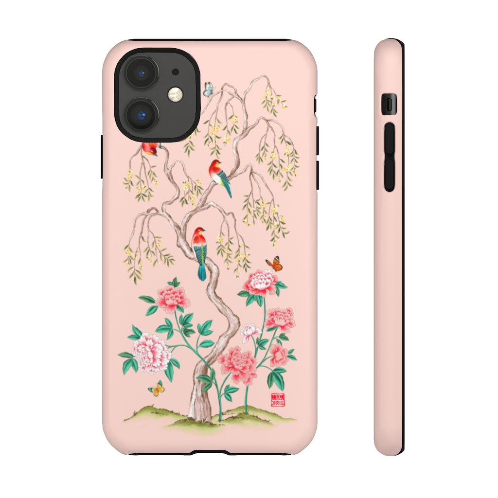 Chinoiserie Floral iPhone Case and Chinoiserie Floral Samsung Phone Cover featuring watercolour Chinoiserie peony roses. Chinese art phone with decorative birds and butterflies. Impact resistant tough chinoiserie mobile phone case. Supports wireless charging. Designer mobile phone case made in the USA.