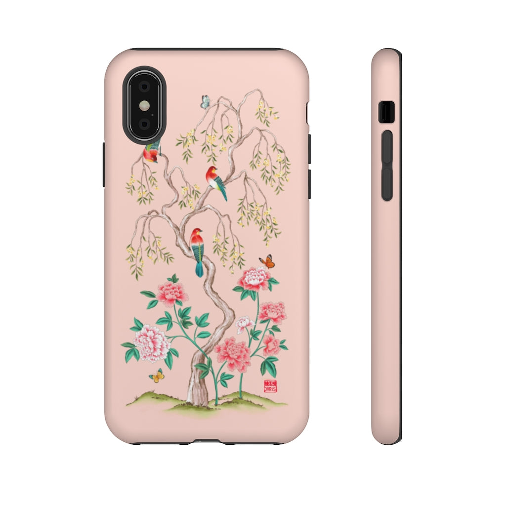 Chinoiserie Floral iPhone Case and Chinoiserie Floral Samsung Phone Cover featuring watercolour Chinoiserie peony roses. Chinese art phone with decorative birds and butterflies. Impact resistant tough chinoiserie mobile phone case. Supports wireless charging. Designer mobile phone case made in the USA.