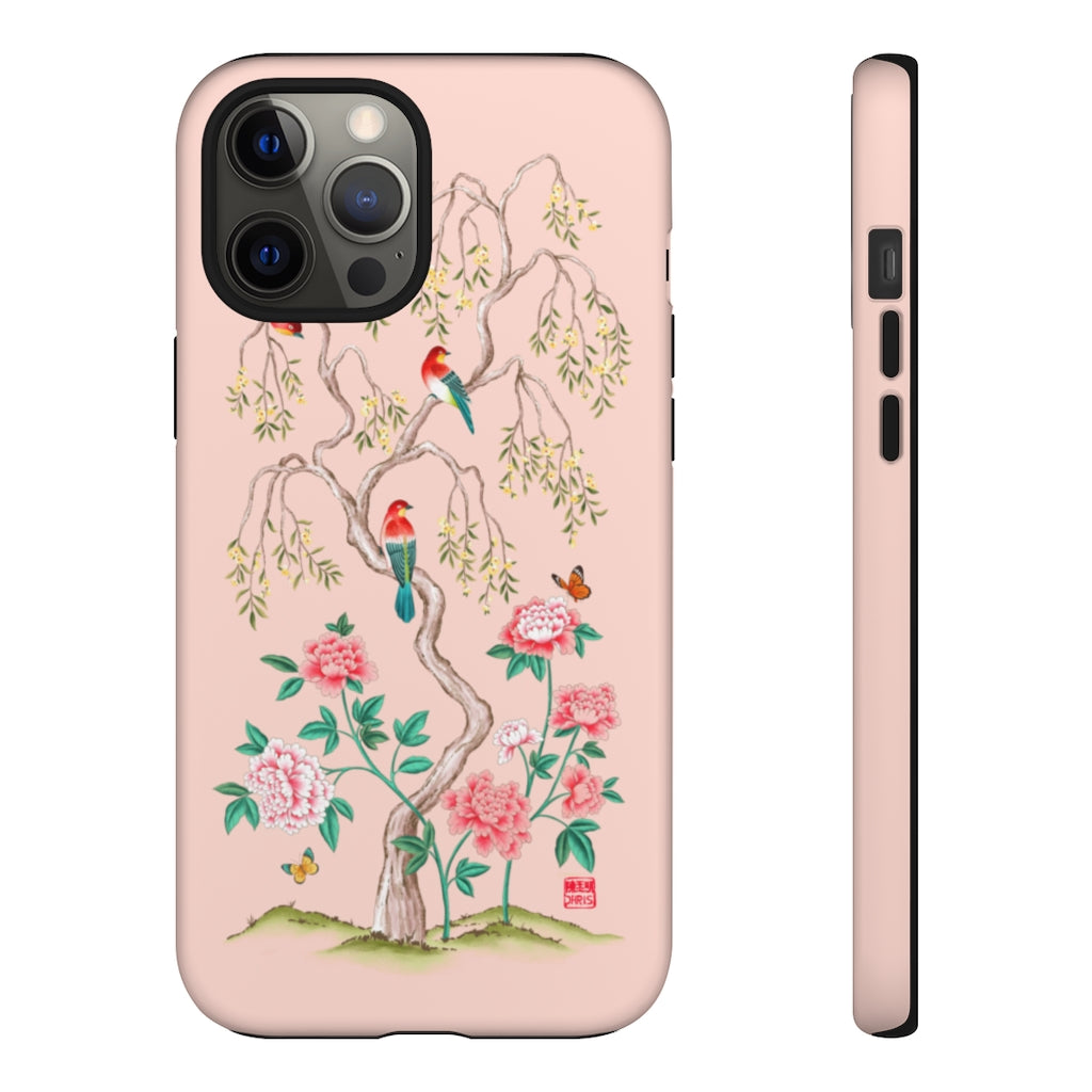 Chinoiserie Floral iPhone Case and Chinoiserie Floral Samsung Phone Cover featuring watercolour Chinoiserie peony roses. Chinese art phone with decorative birds and butterflies. Impact resistant tough chinoiserie mobile phone case. Supports wireless charging. Designer mobile phone case made in the USA.