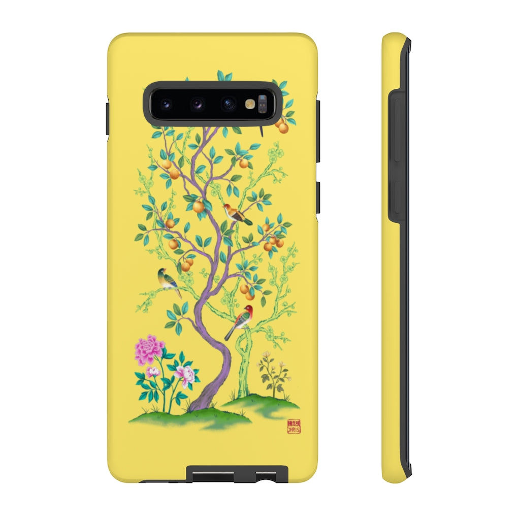 Chinoiserie Floral iPhone Case and Chinoiserie Floral Samsung Phone Cover featuring watercolour Chinoiserie peony roses. Chinese art phone with decorative birds and butterflies. Impact resistant tough chinoiserie mobile phone case. Supports wireless charging. Designer mobile phone case made in the USA.