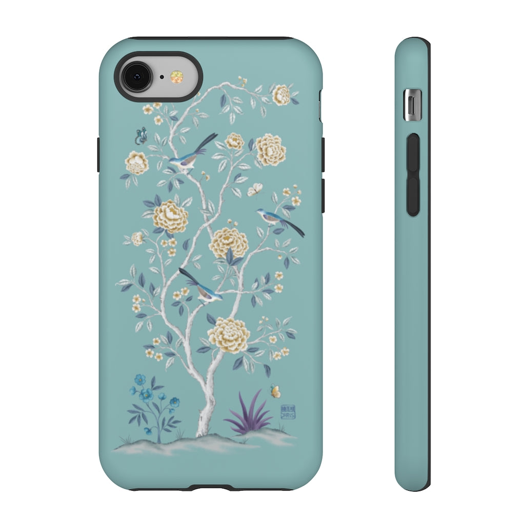 Chinoiserie Floral iPhone Case and Chinoiserie Floral Samsung Phone Cover featuring watercolour Chinoiserie peony roses. Chinese art phone with decorative birds and butterflies. Impact resistant tough chinoiserie mobile phone case. Supports wireless charging. Designer mobile phone case made in the USA.