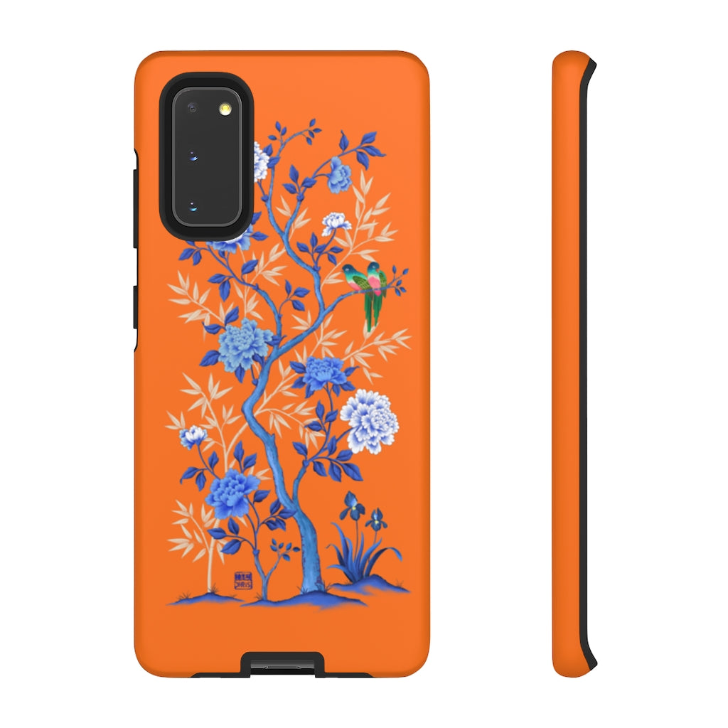 Chinoiserie Floral iPhone Case and Chinoiserie Floral Samsung Phone Cover featuring watercolour Chinoiserie peony roses. Chinese art phone with decorative birds and butterflies. Impact resistant tough chinoiserie mobile phone case. Supports wireless charging. Designer mobile phone case made in the USA.