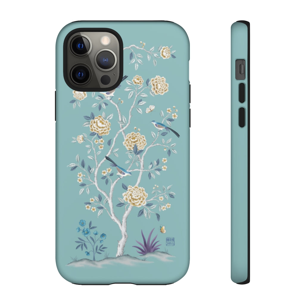 Chinoiserie Floral iPhone Case and Chinoiserie Floral Samsung Phone Cover featuring watercolour Chinoiserie peony roses. Chinese art phone with decorative birds and butterflies. Impact resistant tough chinoiserie mobile phone case. Supports wireless charging. Designer mobile phone case made in the USA.