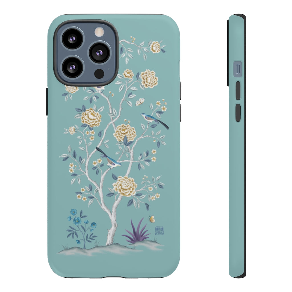 Chinoiserie Floral iPhone Case and Chinoiserie Floral Samsung Phone Cover featuring watercolour Chinoiserie peony roses. Chinese art phone with decorative birds and butterflies. Impact resistant tough chinoiserie mobile phone case. Supports wireless charging. Designer mobile phone case made in the USA.