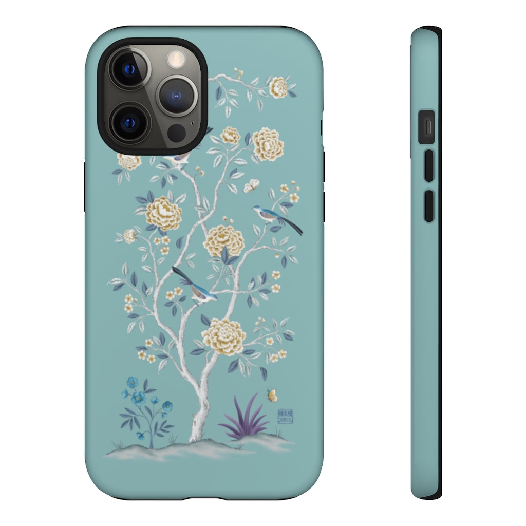 Chinoiserie Floral iPhone Case and Chinoiserie Floral Samsung Phone Cover featuring watercolour Chinoiserie peony roses. Chinese art phone with decorative birds and butterflies. Impact resistant tough chinoiserie mobile phone case. Supports wireless charging. Designer mobile phone case made in the USA.