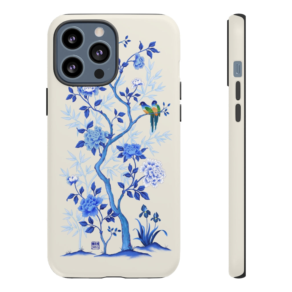 Chinoiserie Floral iPhone Case and Chinoiserie Floral Samsung Phone Cover featuring watercolour Chinoiserie peony roses. Chinese art phone with decorative birds and butterflies. Impact resistant tough chinoiserie mobile phone case. Supports wireless charging. Designer mobile phone case made in the USA.