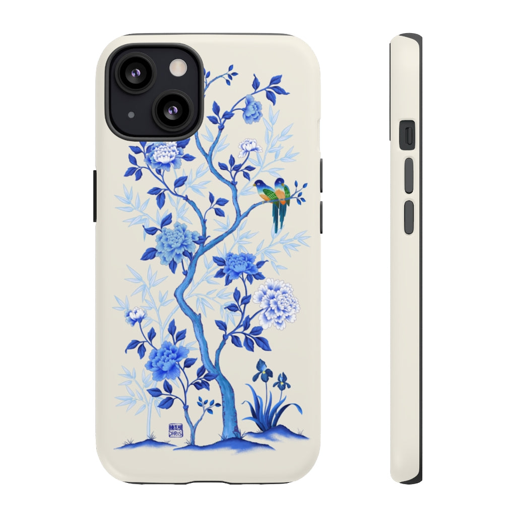 Chinoiserie Floral iPhone Case and Chinoiserie Floral Samsung Phone Cover featuring watercolour Chinoiserie peony roses. Chinese art phone with decorative birds and butterflies. Impact resistant tough chinoiserie mobile phone case. Supports wireless charging. Designer mobile phone case made in the USA.