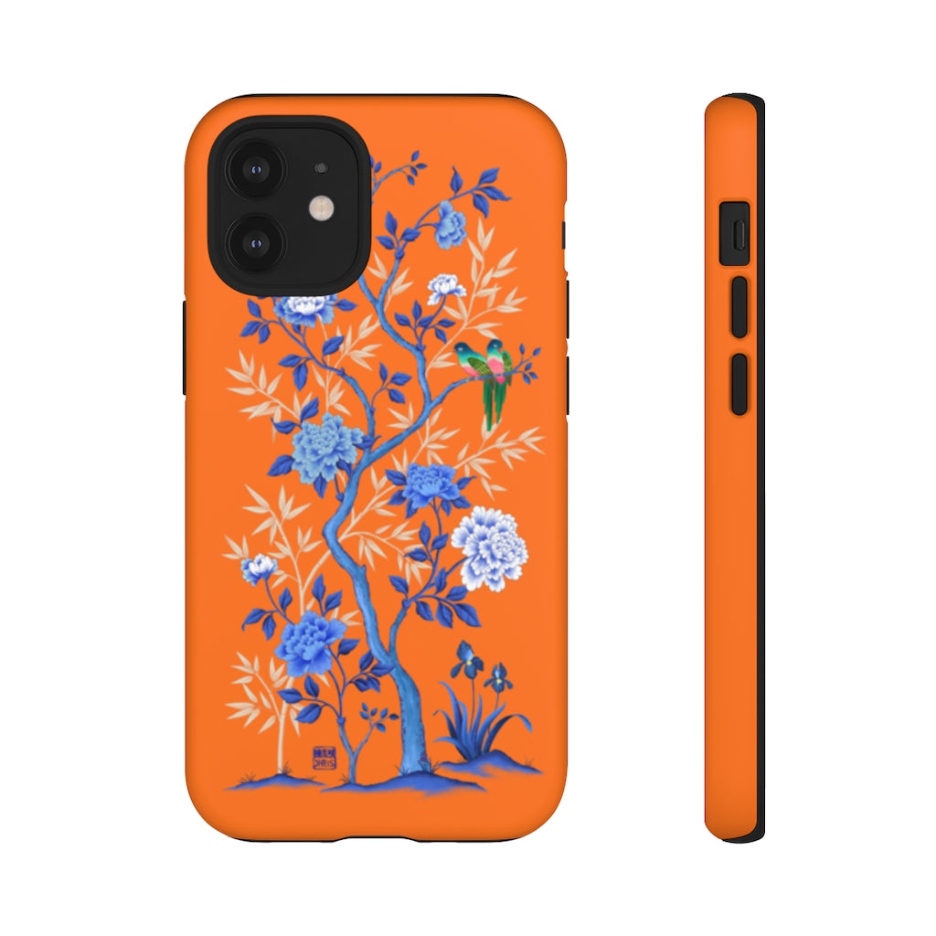 Chinoiserie Floral iPhone Case and Chinoiserie Floral Samsung Phone Cover featuring watercolour Chinoiserie peony roses. Chinese art phone with decorative birds and butterflies. Impact resistant tough chinoiserie mobile phone case. Supports wireless charging. Designer mobile phone case made in the USA.