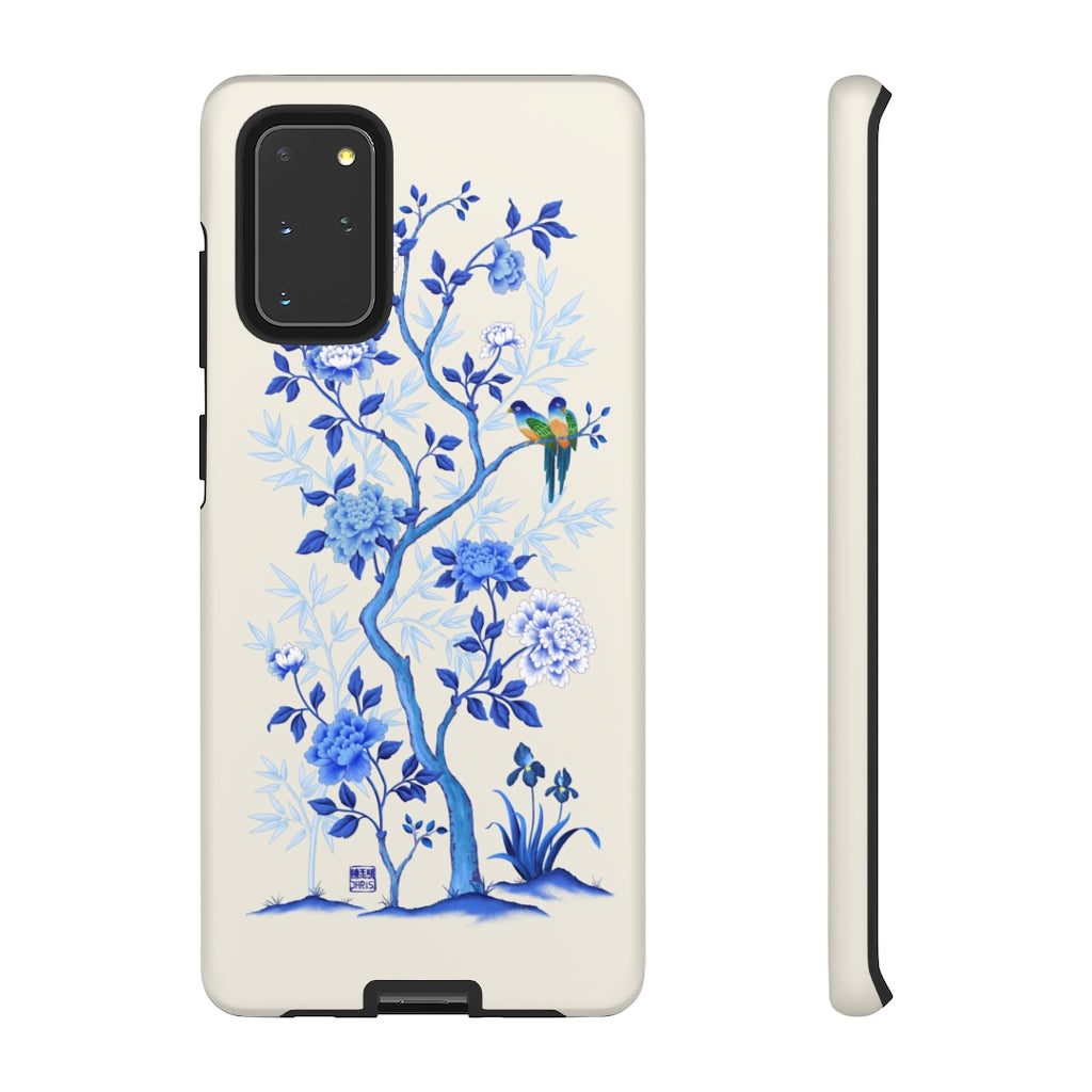 Chinoiserie Floral iPhone Case and Chinoiserie Floral Samsung Phone Cover featuring watercolour Chinoiserie peony roses. Chinese art phone with decorative birds and butterflies. Impact resistant tough chinoiserie mobile phone case. Supports wireless charging. Designer mobile phone case made in the USA.