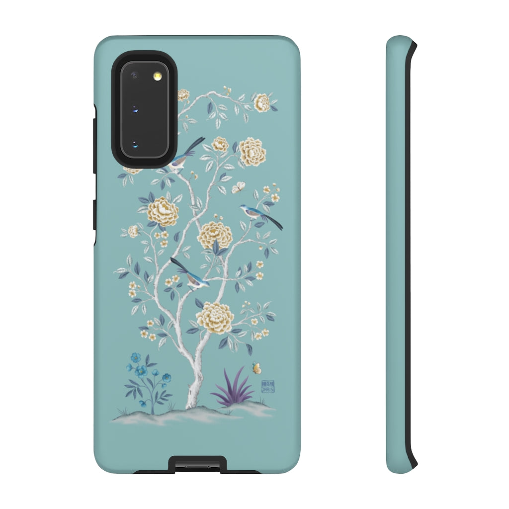 Chinoiserie Floral iPhone Case and Chinoiserie Floral Samsung Phone Cover featuring watercolour Chinoiserie peony roses. Chinese art phone with decorative birds and butterflies. Impact resistant tough chinoiserie mobile phone case. Supports wireless charging. Designer mobile phone case made in the USA.