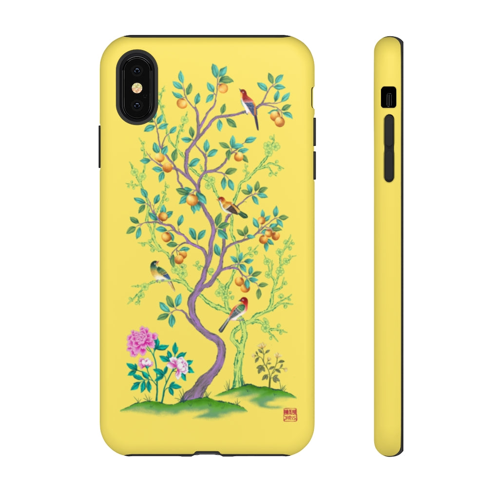 Chinoiserie Floral iPhone Case and Chinoiserie Floral Samsung Phone Cover featuring watercolour Chinoiserie peony roses. Chinese art phone with decorative birds and butterflies. Impact resistant tough chinoiserie mobile phone case. Supports wireless charging. Designer mobile phone case made in the USA.