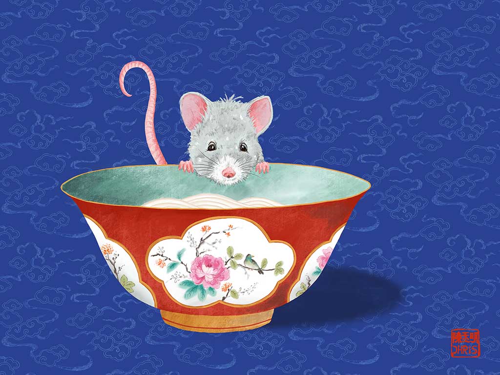 Chinese Zodiac Rat Wall Art created by Australian Chinese artist Chris Chun. Chinoiserie Rat Fine Art Print