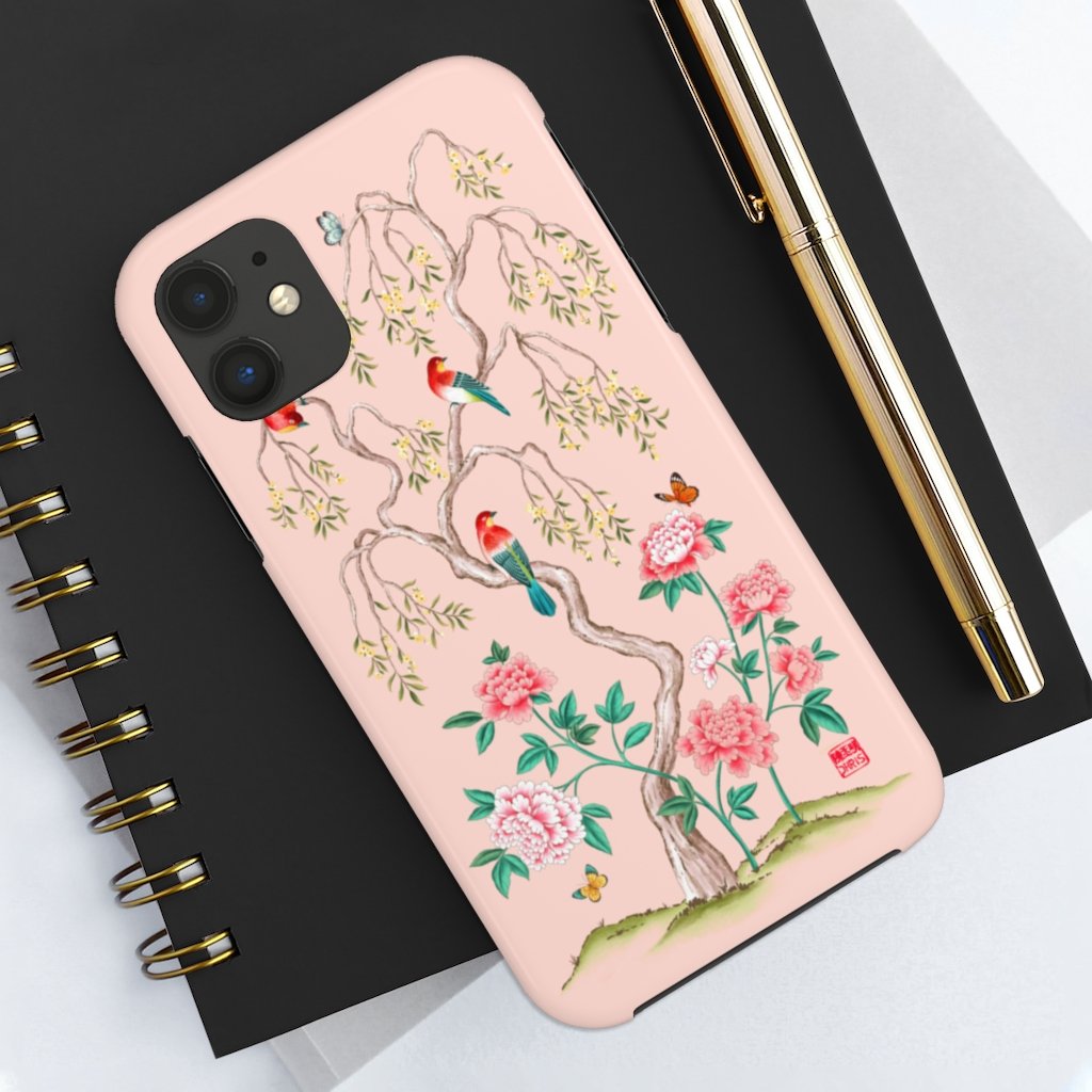 Chinoiserie Floral iPhone Case and Chinoiserie Floral Samsung Phone Cover featuring watercolour Chinoiserie peony roses. Chinese art phone with decorative birds and butterflies. Impact resistant tough chinoiserie mobile phone case. Supports wireless charging. Designer mobile phone case made in the USA.