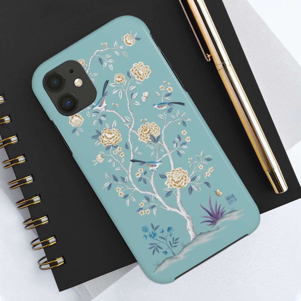 Chinoiserie Floral iPhone Case and Chinoiserie Floral Samsung Phone Cover featuring watercolour Chinoiserie peony roses. Chinese art phone with decorative birds and butterflies. Impact resistant tough chinoiserie mobile phone case. Supports wireless charging. Designer mobile phone case made in the USA.