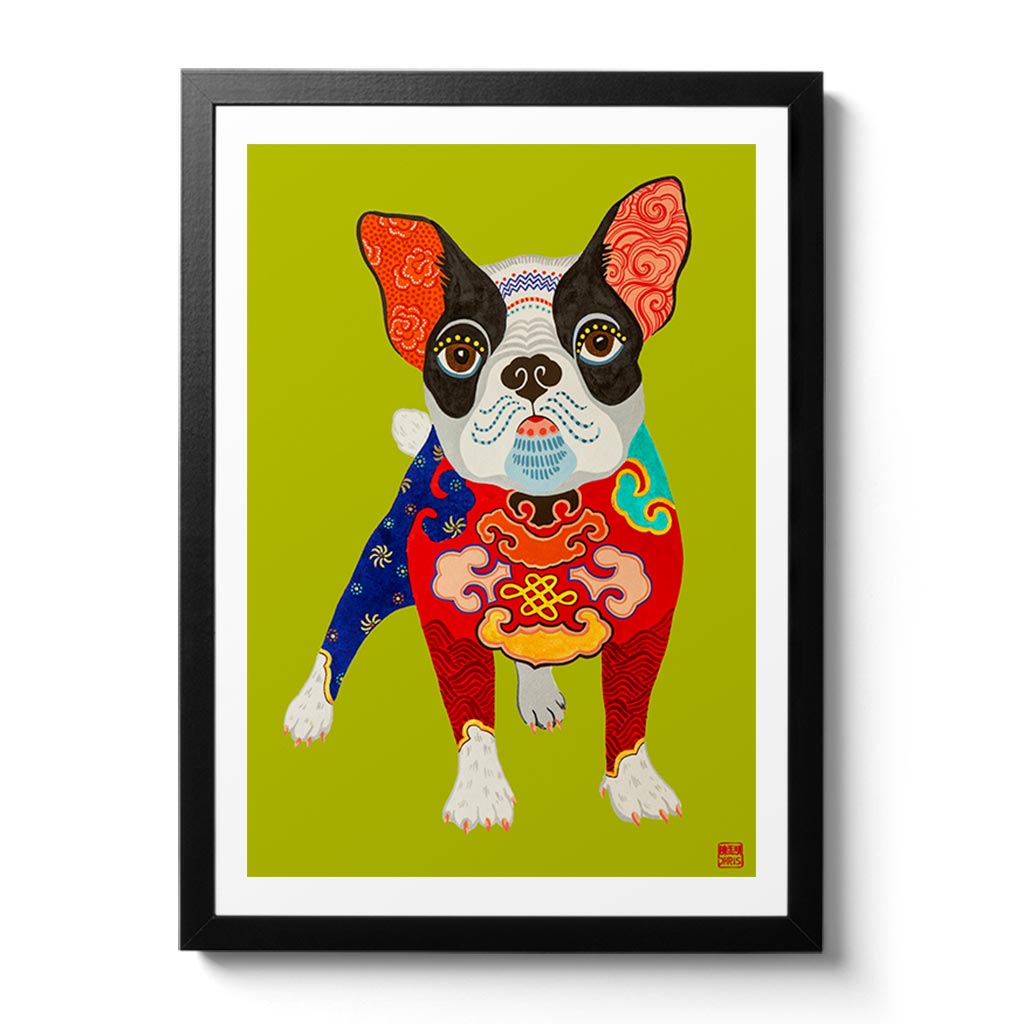 Australian Chinese Artist Chris Chun has created a charming Chinese Zodiac Dog Fine Art Print. Looking resplendent in the emperor's new clothes, this French Bulldog is the master of his domain and destiny.