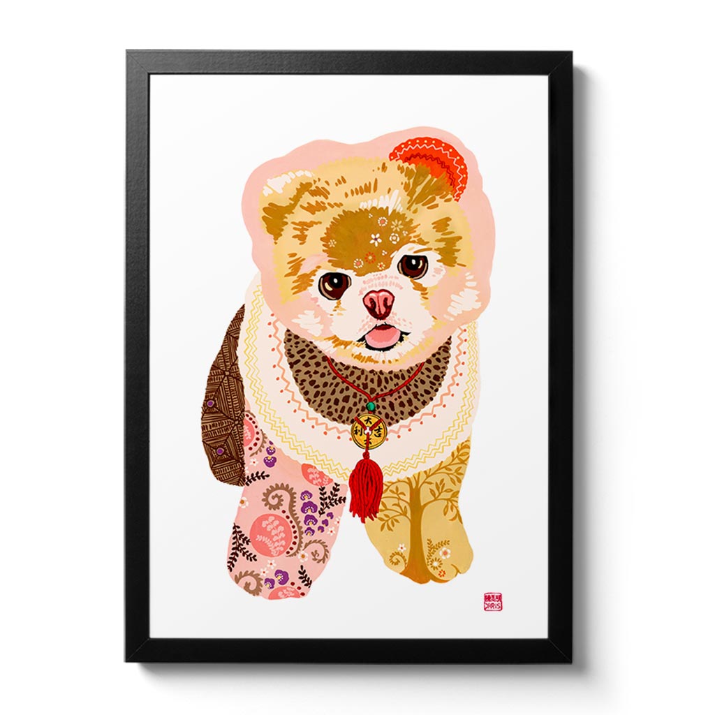 Chinese Zodiac Wood Dog Fine Art Print by Australian Chinese artist Chris Chun. Each dog is based on the 5 elements - earth, fire, metal, water and wood. Pomeranian Dog Art.