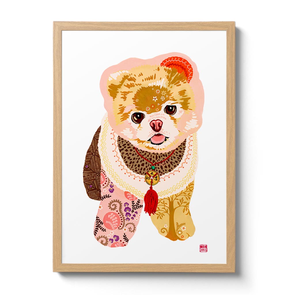 Chinese Zodiac Wood Dog Fine Art Print by Australian Chinese artist Chris Chun. Each dog is based on the 5 elements - earth, fire, metal, water and wood. Pomeranian Dog Art.