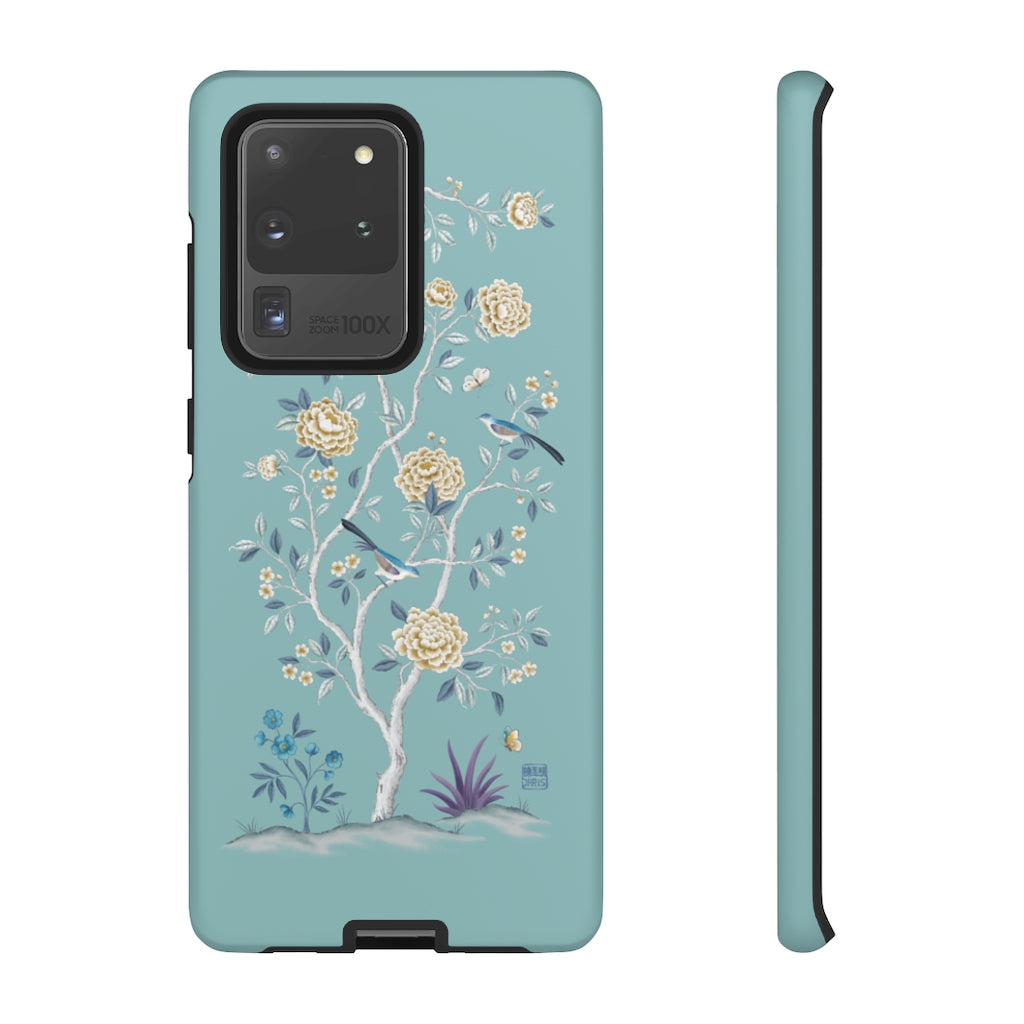 Chinoiserie Floral iPhone Case and Chinoiserie Floral Samsung Phone Cover featuring watercolour Chinoiserie peony roses. Chinese art phone with decorative birds and butterflies. Impact resistant tough chinoiserie mobile phone case. Supports wireless charging. Designer mobile phone case made in the USA.