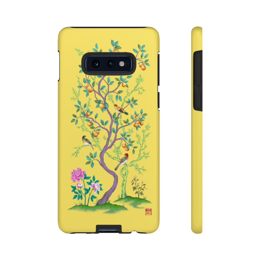 Chinoiserie Floral iPhone Case and Chinoiserie Floral Samsung Phone Cover featuring watercolour Chinoiserie peony roses. Chinese art phone with decorative birds and butterflies. Impact resistant tough chinoiserie mobile phone case. Supports wireless charging. Designer mobile phone case made in the USA.