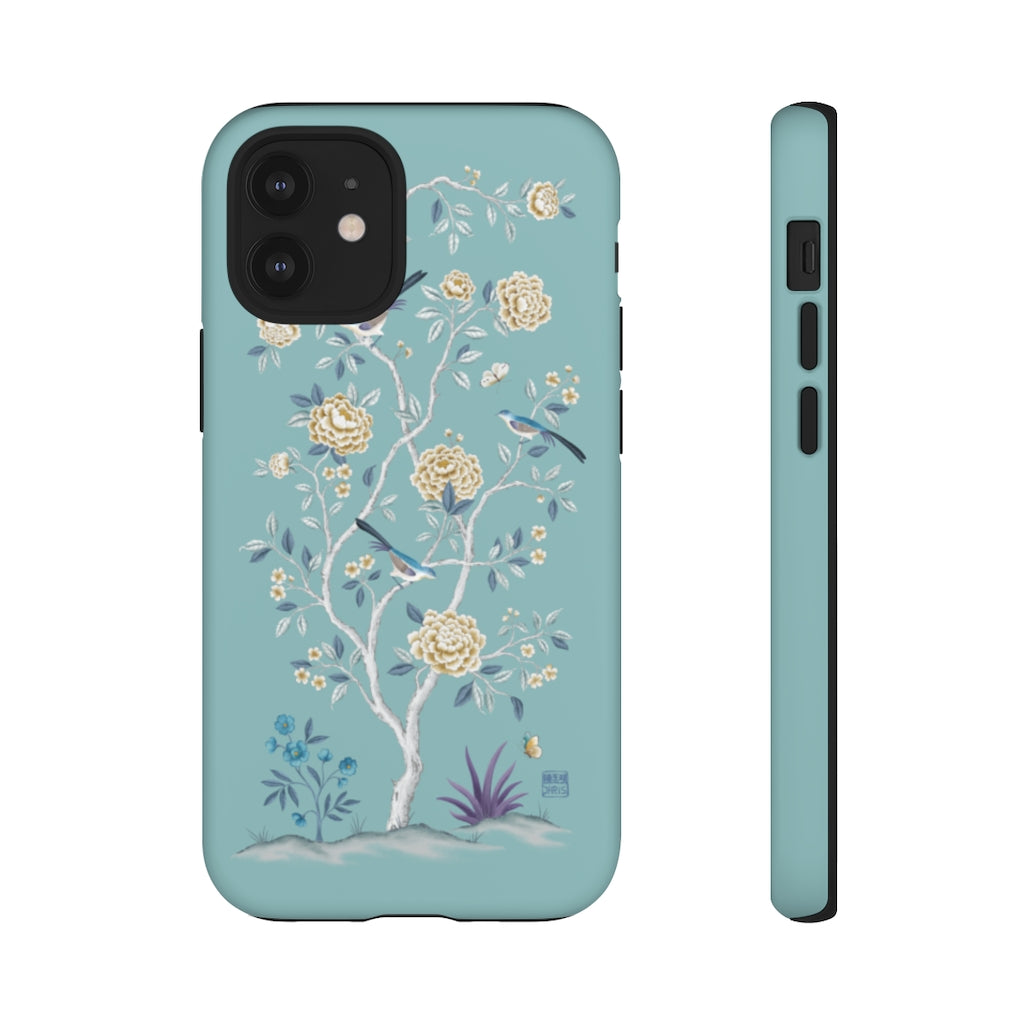 Chinoiserie Floral iPhone Case and Chinoiserie Floral Samsung Phone Cover featuring watercolour Chinoiserie peony roses. Chinese art phone with decorative birds and butterflies. Impact resistant tough chinoiserie mobile phone case. Supports wireless charging. Designer mobile phone case made in the USA.