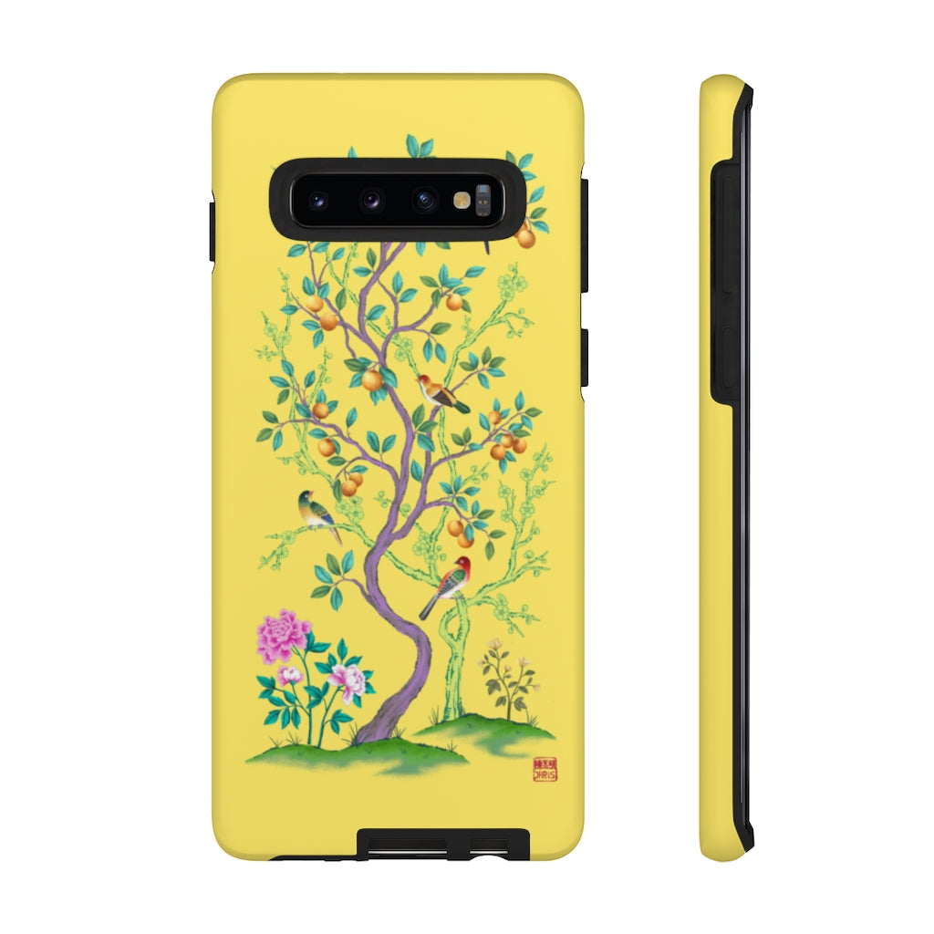 Chinoiserie Floral iPhone Case and Chinoiserie Floral Samsung Phone Cover featuring watercolour Chinoiserie peony roses. Chinese art phone with decorative birds and butterflies. Impact resistant tough chinoiserie mobile phone case. Supports wireless charging. Designer mobile phone case made in the USA.