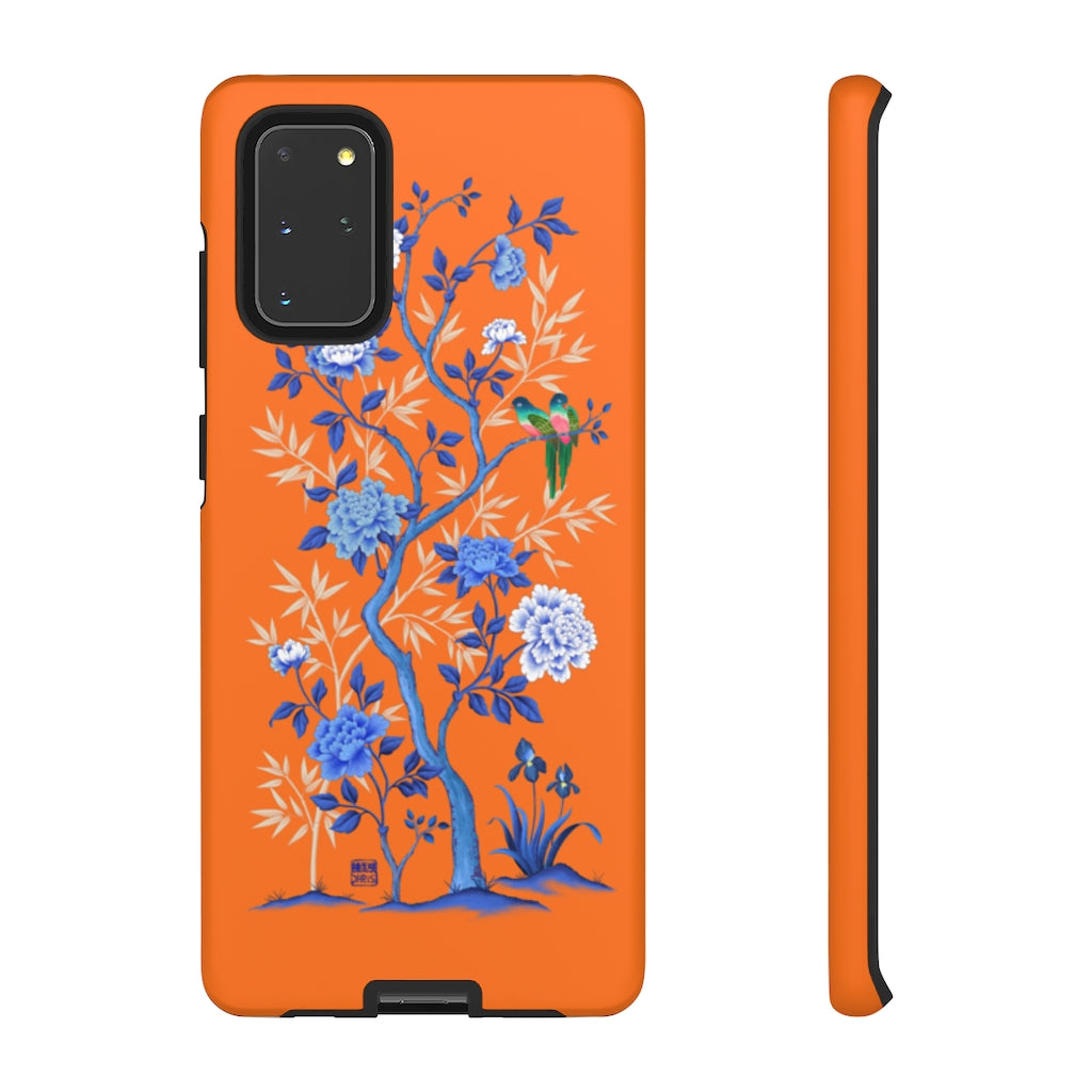 Chinoiserie Floral iPhone Case and Chinoiserie Floral Samsung Phone Cover featuring watercolour Chinoiserie peony roses. Chinese art phone with decorative birds and butterflies. Impact resistant tough chinoiserie mobile phone case. Supports wireless charging. Designer mobile phone case made in the USA.