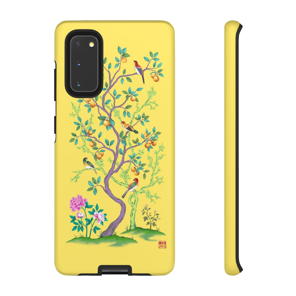 Chinoiserie Floral iPhone Case and Chinoiserie Floral Samsung Phone Cover featuring watercolour Chinoiserie peony roses. Chinese art phone with decorative birds and butterflies. Impact resistant tough chinoiserie mobile phone case. Supports wireless charging. Designer mobile phone case made in the USA.