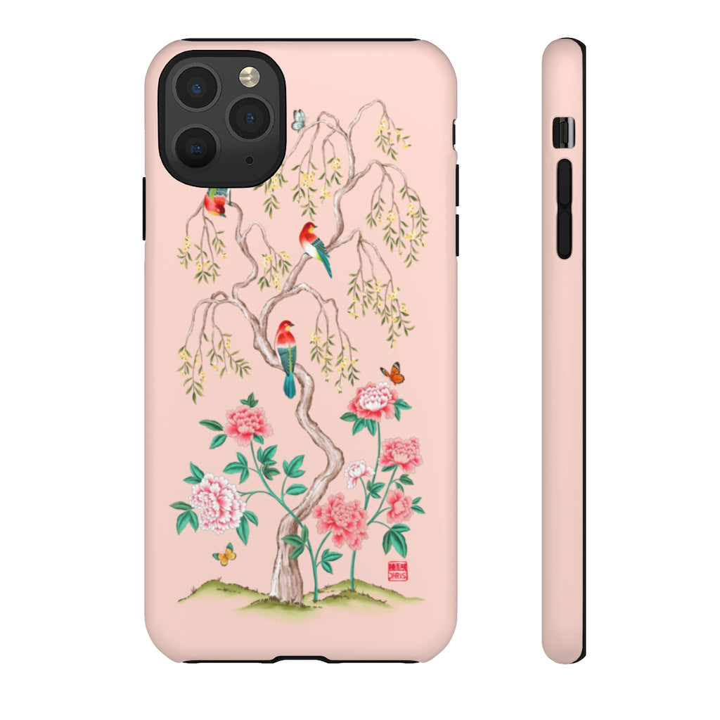 Chinoiserie Floral iPhone Case and Chinoiserie Floral Samsung Phone Cover featuring watercolour Chinoiserie peony roses. Chinese art phone with decorative birds and butterflies. Impact resistant tough chinoiserie mobile phone case. Supports wireless charging. Designer mobile phone case made in the USA.