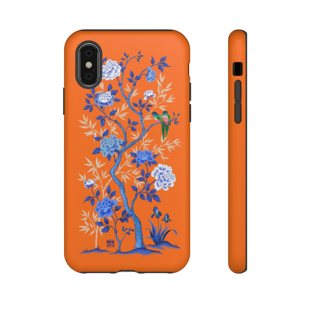 Chinoiserie Floral iPhone Case and Chinoiserie Floral Samsung Phone Cover featuring watercolour Chinoiserie peony roses. Chinese art phone with decorative birds and butterflies. Impact resistant tough chinoiserie mobile phone case. Supports wireless charging. Designer mobile phone case made in the USA.