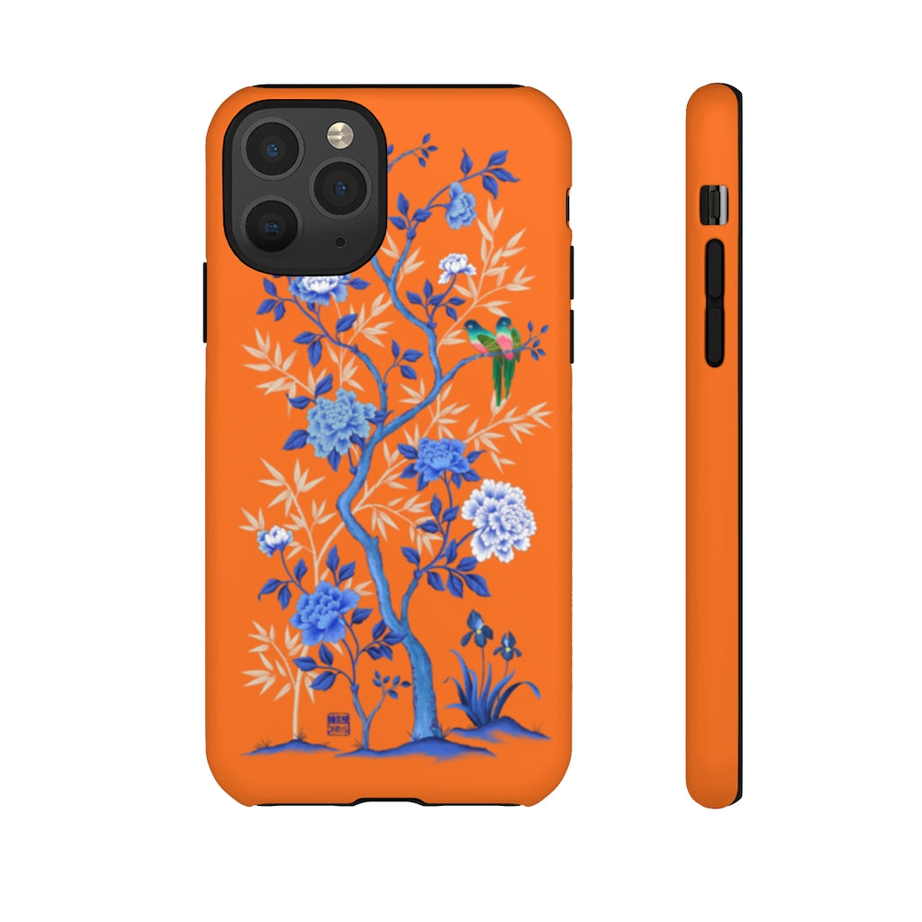 Chinoiserie Floral iPhone Case and Chinoiserie Floral Samsung Phone Cover featuring watercolour Chinoiserie peony roses. Chinese art phone with decorative birds and butterflies. Impact resistant tough chinoiserie mobile phone case. Supports wireless charging. Designer mobile phone case made in the USA.