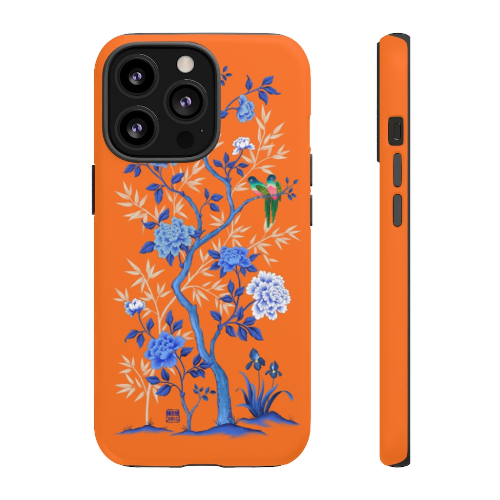 Chinoiserie Floral iPhone Case and Chinoiserie Floral Samsung Phone Cover featuring watercolour Chinoiserie peony roses. Chinese art phone with decorative birds and butterflies. Impact resistant tough chinoiserie mobile phone case. Supports wireless charging. Designer mobile phone case made in the USA.