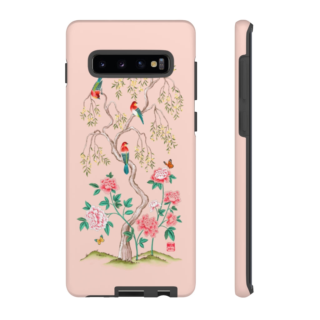 Chinoiserie Floral iPhone Case and Chinoiserie Floral Samsung Phone Cover featuring watercolour Chinoiserie peony roses. Chinese art phone with decorative birds and butterflies. Impact resistant tough chinoiserie mobile phone case. Supports wireless charging. Designer mobile phone case made in the USA.