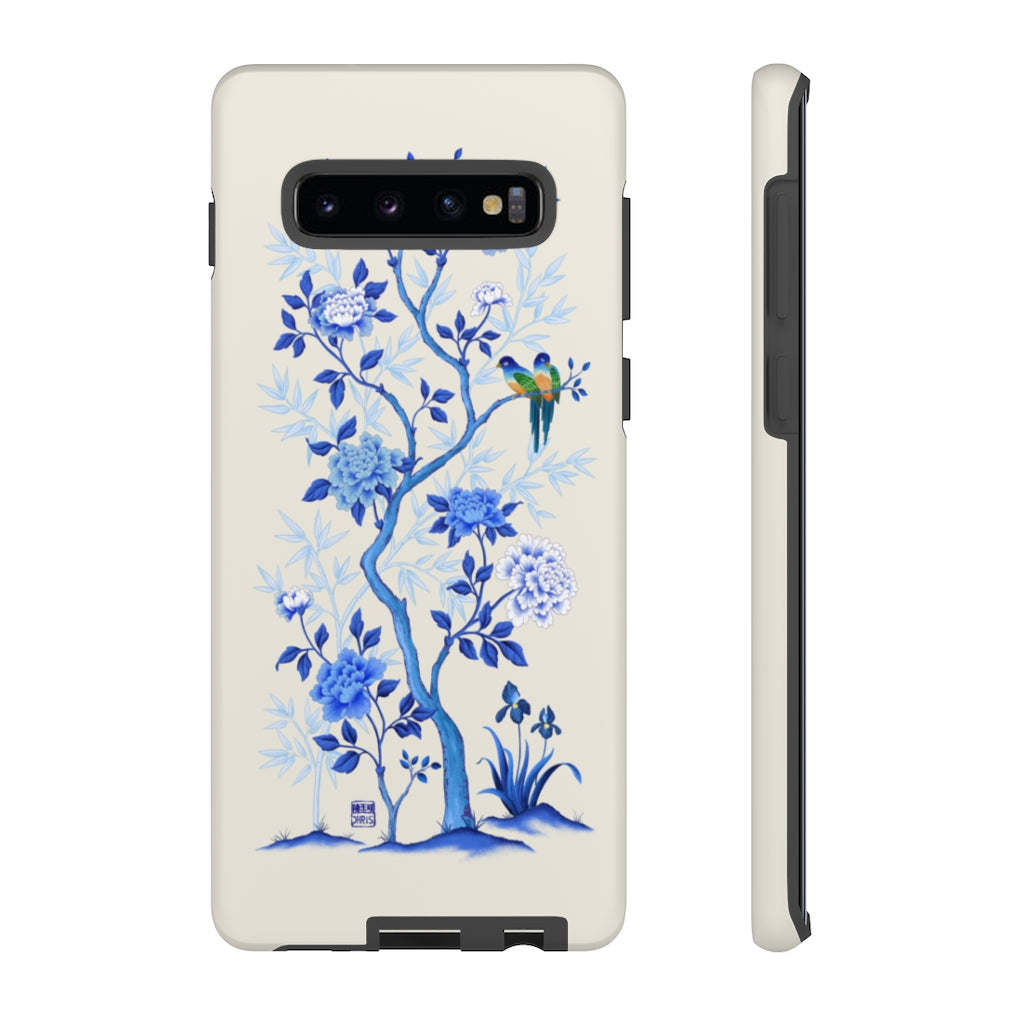 Chinoiserie Floral iPhone Case and Chinoiserie Floral Samsung Phone Cover featuring watercolour Chinoiserie peony roses. Chinese art phone with decorative birds and butterflies. Impact resistant tough chinoiserie mobile phone case. Supports wireless charging. Designer mobile phone case made in the USA.