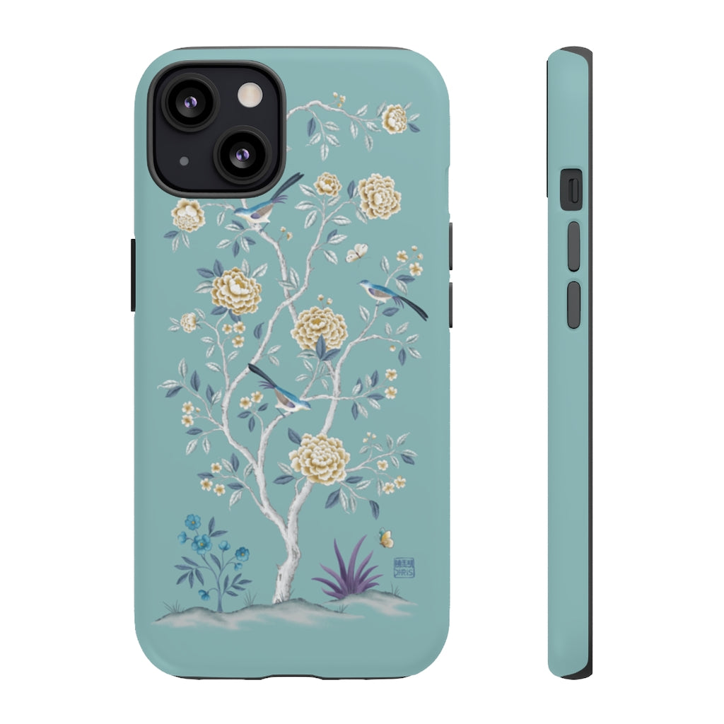 Chinoiserie Floral iPhone Case and Chinoiserie Floral Samsung Phone Cover featuring watercolour Chinoiserie peony roses. Chinese art phone with decorative birds and butterflies. Impact resistant tough chinoiserie mobile phone case. Supports wireless charging. Designer mobile phone case made in the USA.