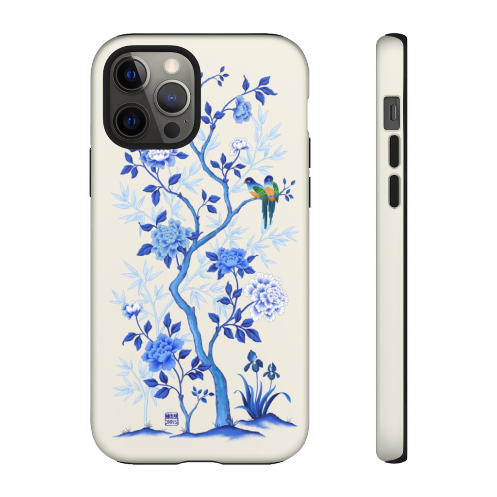 Chinoiserie Floral iPhone Case and Chinoiserie Floral Samsung Phone Cover featuring watercolour Chinoiserie peony roses. Chinese art phone with decorative birds and butterflies. Impact resistant tough chinoiserie mobile phone case. Supports wireless charging. Designer mobile phone case made in the USA.