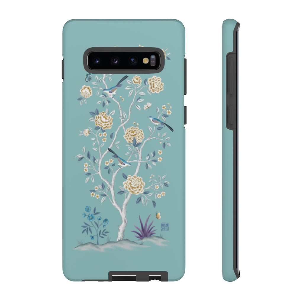 Chinoiserie Floral iPhone Case and Chinoiserie Floral Samsung Phone Cover featuring watercolour Chinoiserie peony roses. Chinese art phone with decorative birds and butterflies. Impact resistant tough chinoiserie mobile phone case. Supports wireless charging. Designer mobile phone case made in the USA.